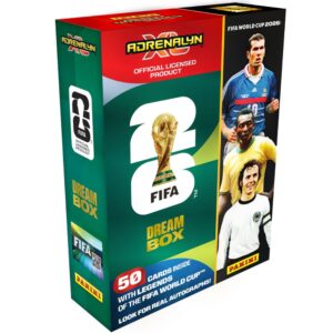 FIFA World Cup 2026 Adrenalyn XL Dream Box front view showing the official Panini licensed packaging with 50 cards inside