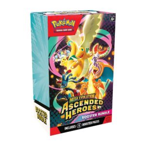 Pokémon TCG Mega Evolution Ascended Heroes Booster Bundle box front view including 6 booster packs suitable for ages 6 and up