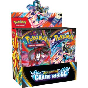 Pokémon TCG Mega Evolution Chaos Rising booster box front view containing 36 booster packs suitable for ages 6 and up