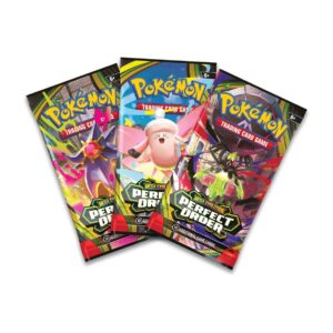 Three Pokémon TCG Mega Evolution Perfect Order booster packs each containing 10 additional game cards showing different pack artwork variations suitable for ages 6 and up